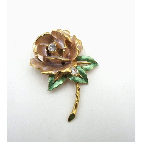Vintage 1997 England's Rose Flower Brooch Gold Tone Enamel Rhinestone Pin Jewelr - Picture 1 of 9